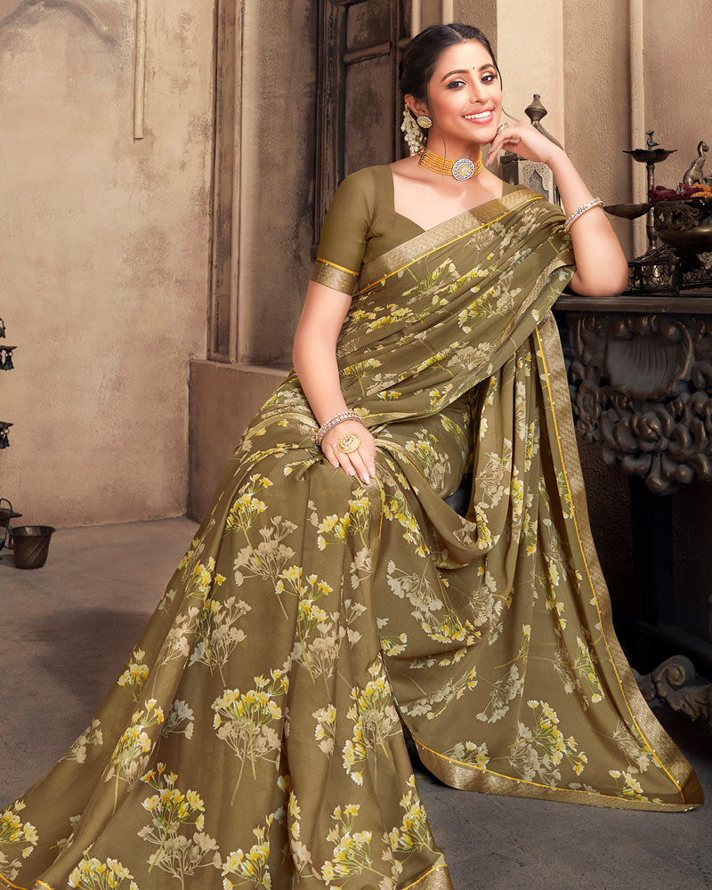 Vishal Prints Dusty Brown Criva Crepe Saree With Zari Border