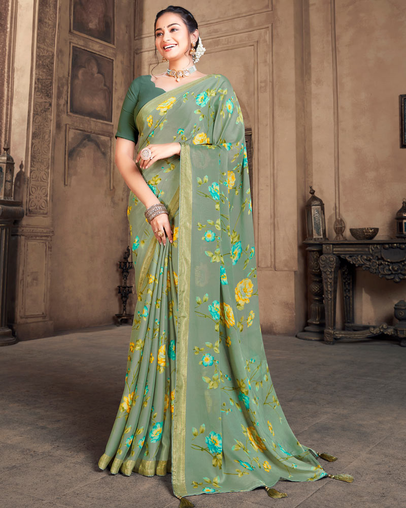Vishal Prints Light Spanish Green Criva Crepe Saree With Zari Border