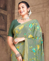 Vishal Prints Light Spanish Green Criva Crepe Saree With Zari Border