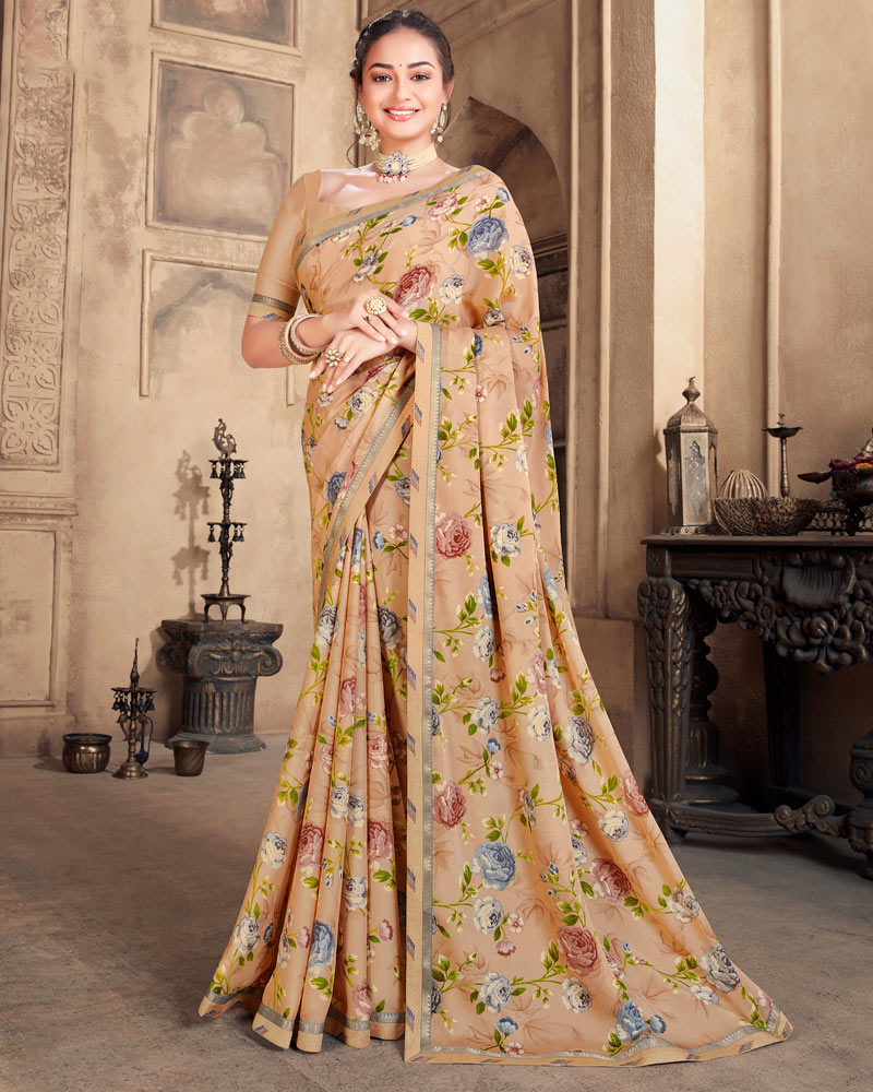 Vishal Prints Peach Criva Crepe Saree With Zari Border