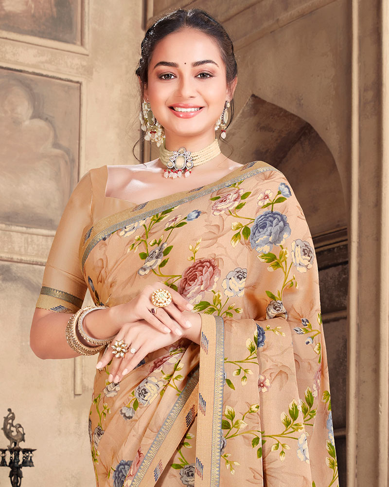 Vishal Prints Peach Criva Crepe Saree With Zari Border