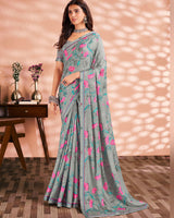Vishal Prints Grey Printed Criva Crepe Saree With Fancy Border