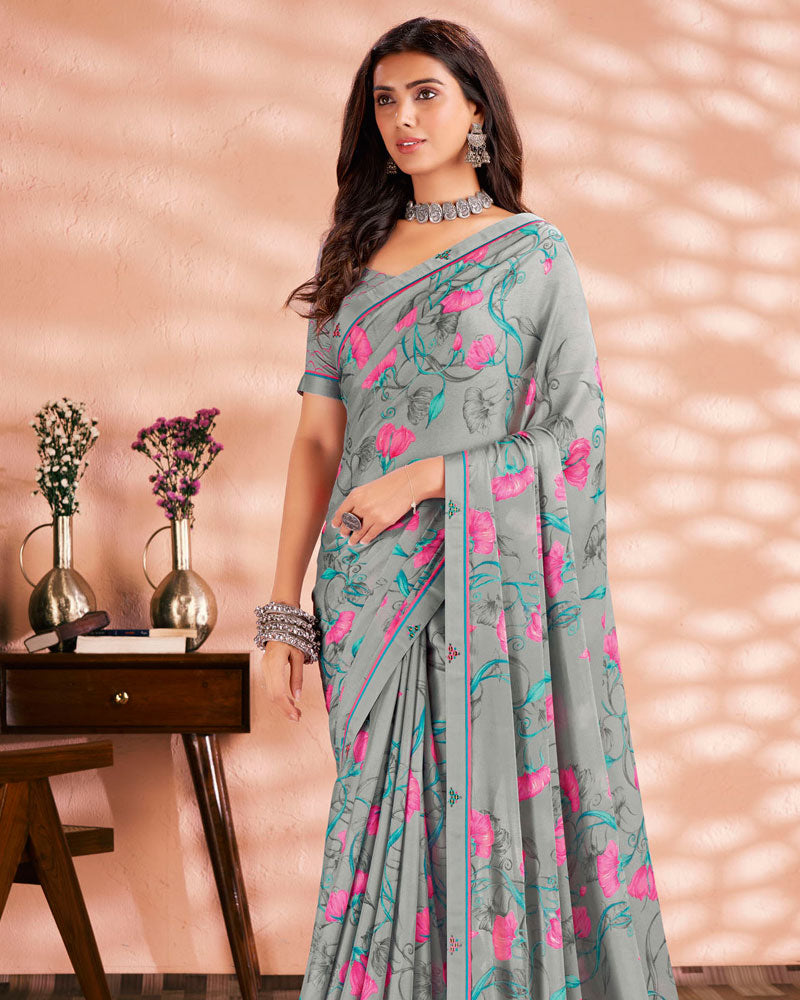 Vishal Prints Grey Printed Criva Crepe Saree With Fancy Border