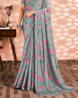Vishal Prints Grey Printed Criva Crepe Saree With Fancy Border