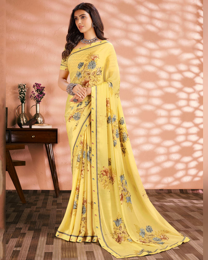 Vishal Prints Light Yellow Printed Criva Crepe Saree With Fancy Border