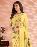 Vishal Prints Light Yellow Printed Criva Crepe Saree With Fancy Border