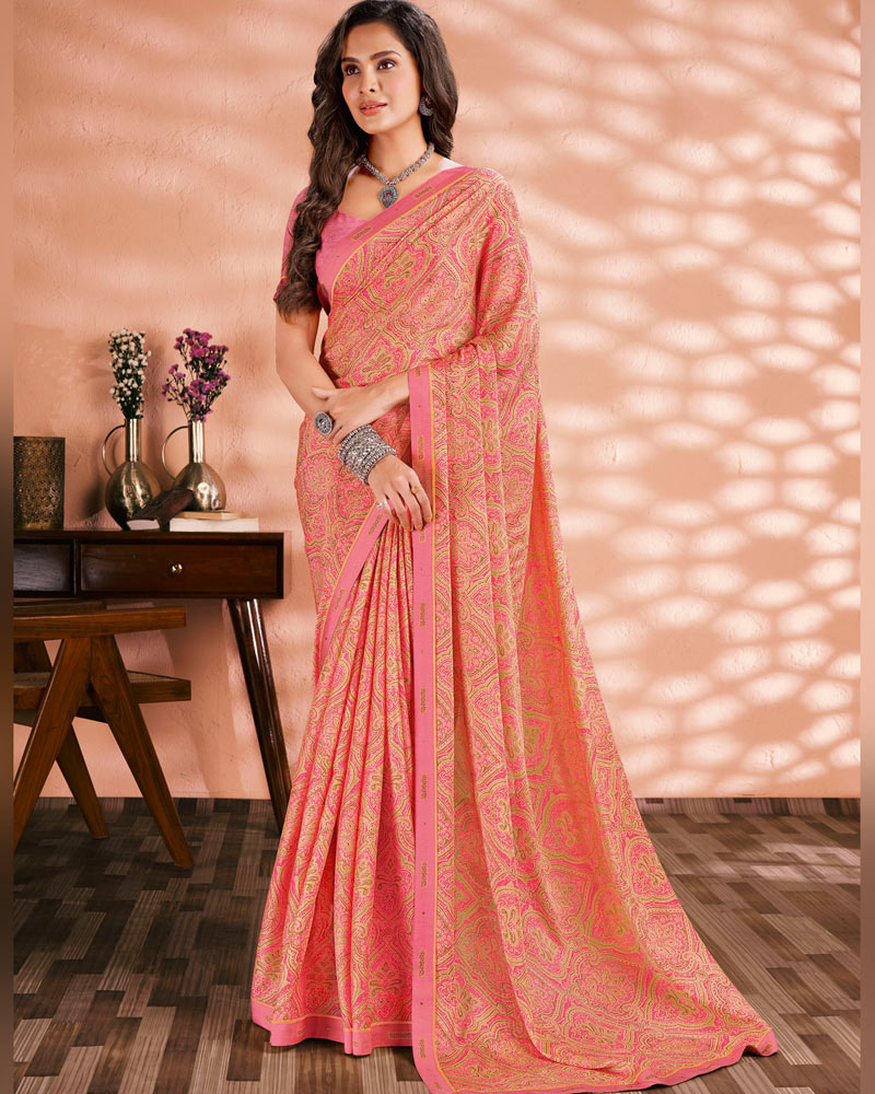 Vishal Prints Dark Pink Printed Criva Crepe Saree With Fancy Border