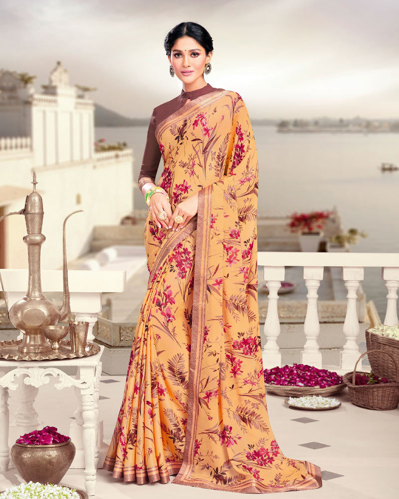Vishal Prints Pastel Orange Printed Crepe Saree With Border