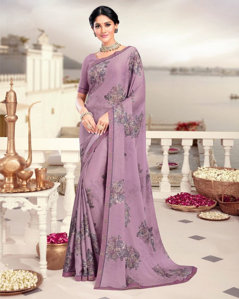 Vishal Prints Light Purple Printed Crepe Saree With Border