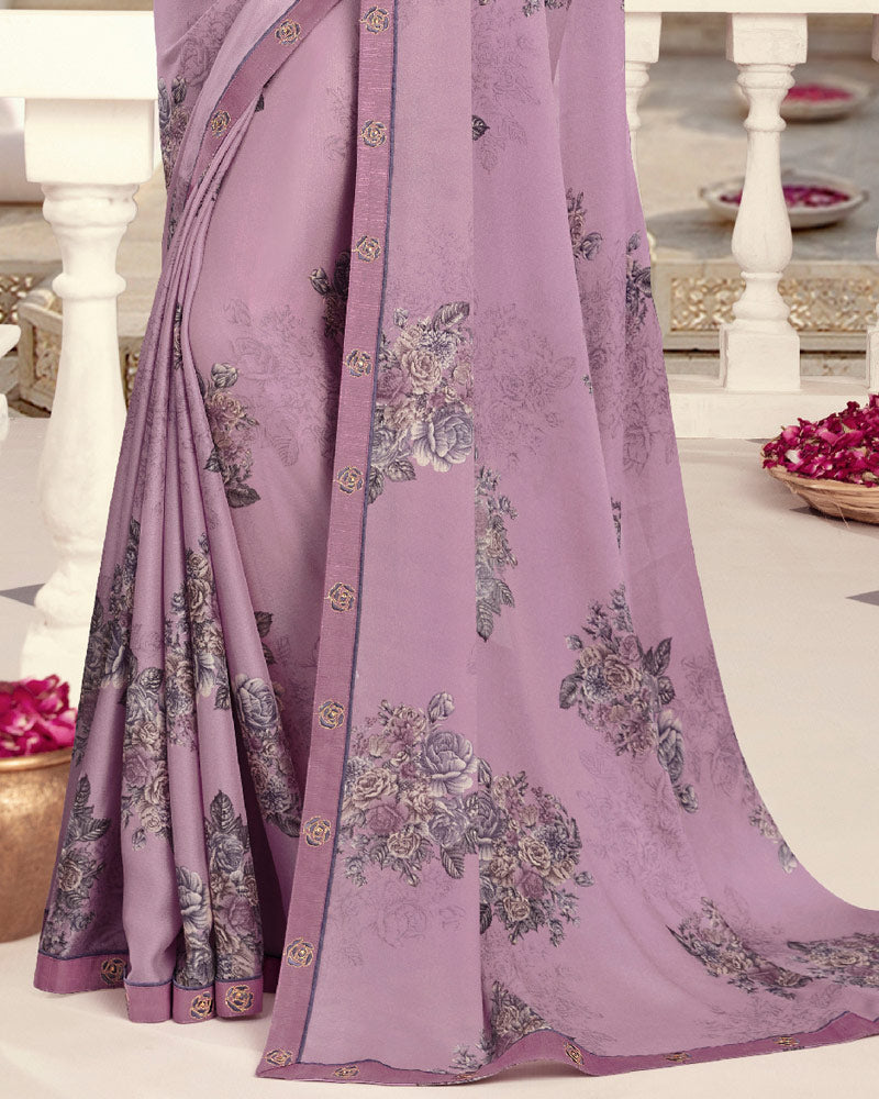 Vishal Prints Light Purple Printed Crepe Saree With Border