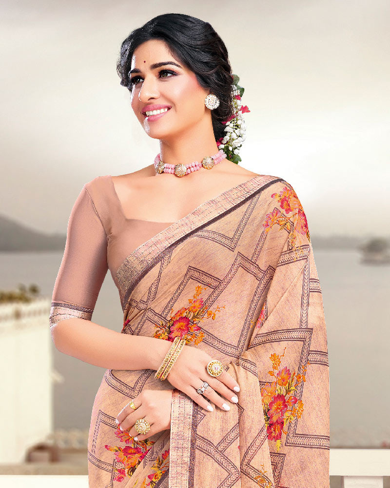 Vishal Prints Peach Printed Crepe Saree With Border