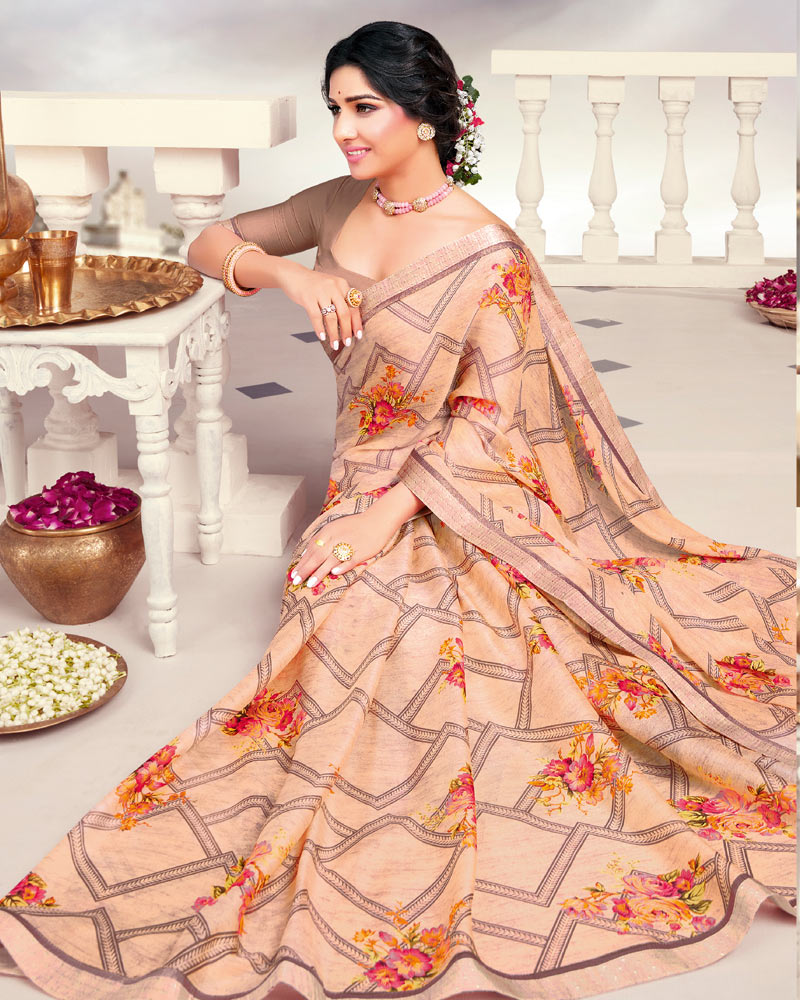 Vishal Prints Peach Printed Crepe Saree With Border