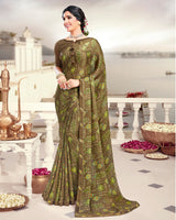 Vishal Prints Olive Green Printed Crepe Saree With Border