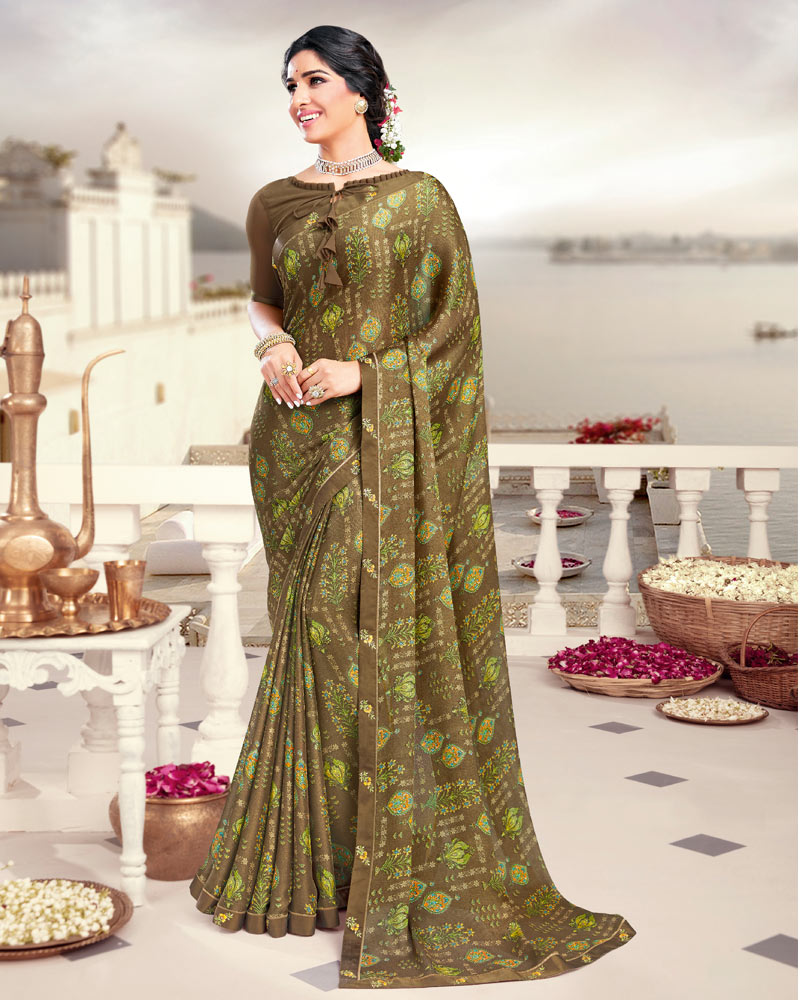 Vishal Prints Olive Green Printed Crepe Saree With Border