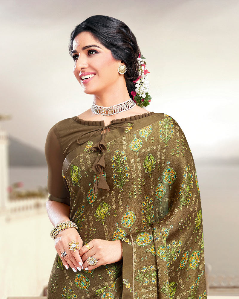Vishal Prints Olive Green Printed Crepe Saree With Border