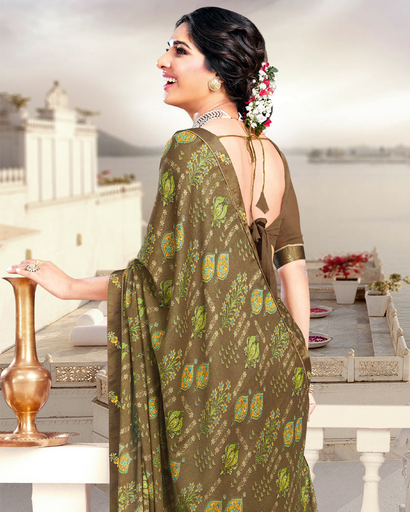Vishal Prints Olive Green Printed Crepe Saree With Border