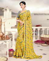 Vishal Prints Yellow Printed Crepe Saree With Border