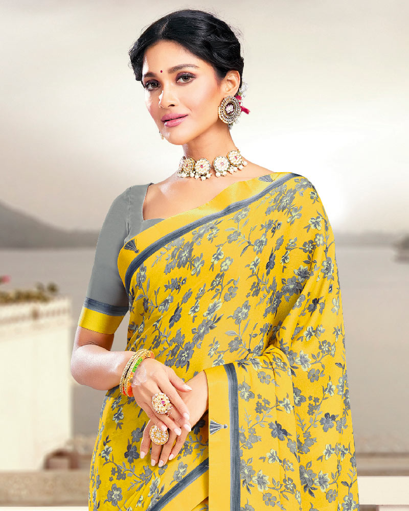 Vishal Prints Yellow Printed Crepe Saree With Border
