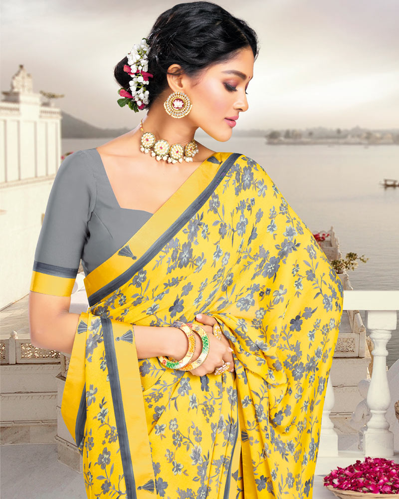 Vishal Prints Yellow Printed Crepe Saree With Border