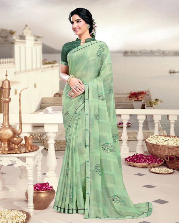 Vishal Prints Light Green Printed Crepe Saree With Border