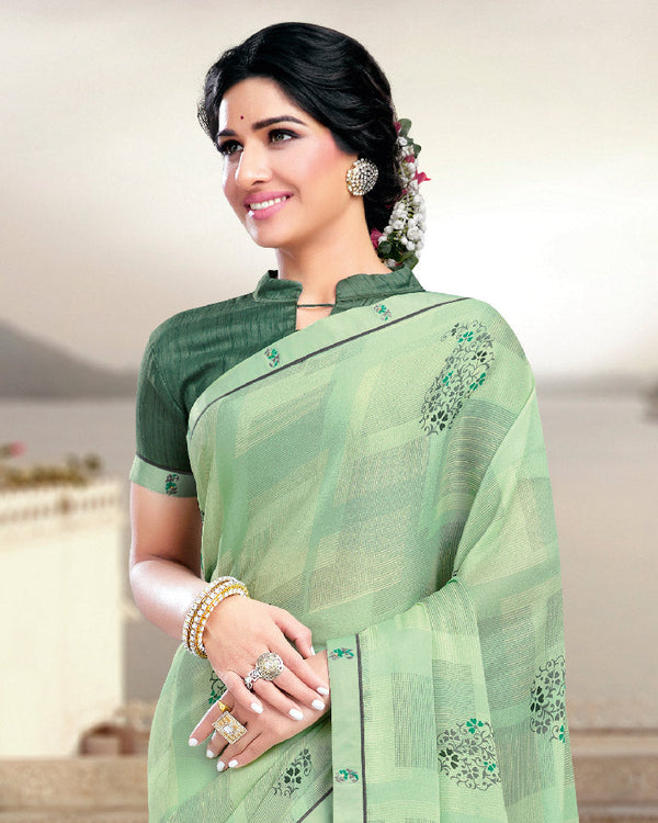 Vishal Prints Light Green Printed Crepe Saree With Border