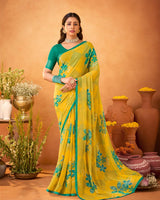 Vishal Prints Burnt Yellow Printed Georgette Saree With Satin Piping