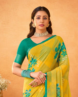 Vishal Prints Burnt Yellow Printed Georgette Saree With Satin Piping