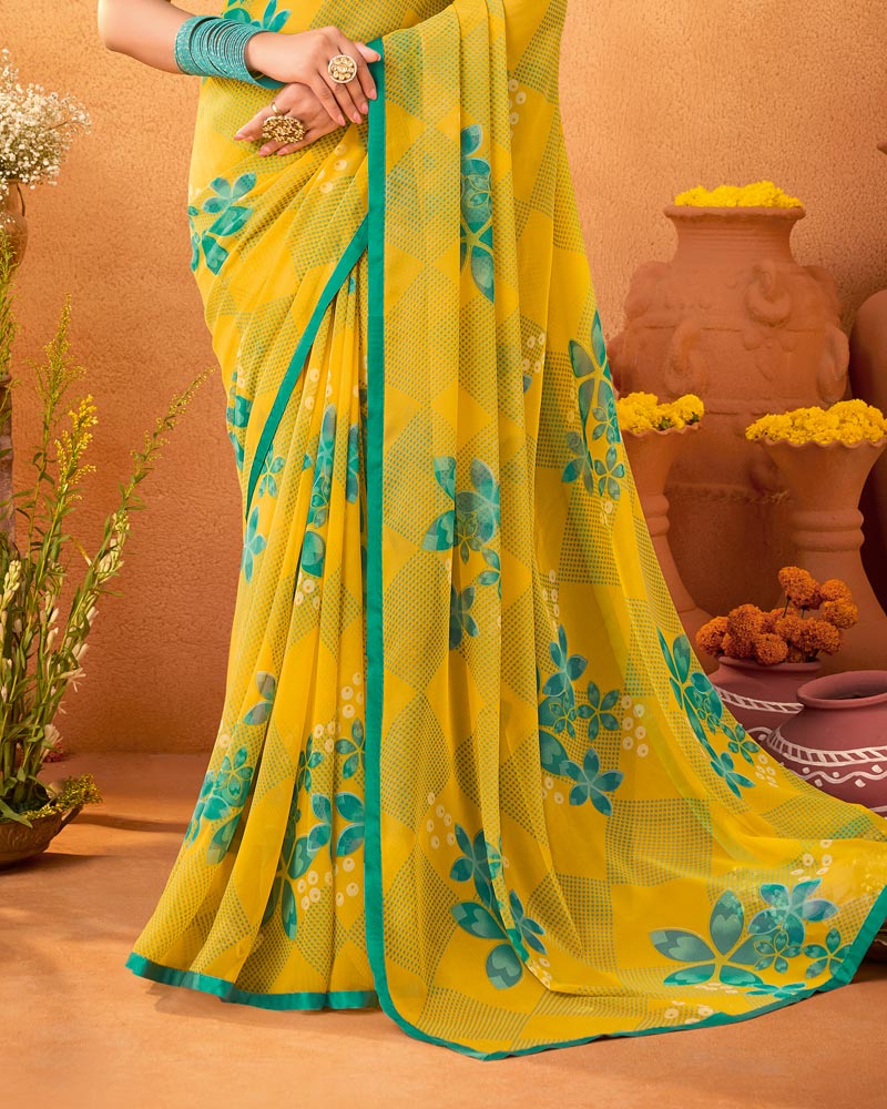 Vishal Prints Burnt Yellow Printed Georgette Saree With Satin Piping
