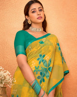 Vishal Prints Burnt Yellow Printed Georgette Saree With Satin Piping
