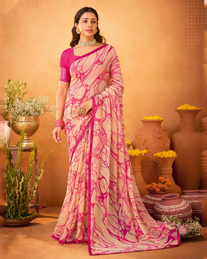 Vishal Prints Peachy Pink Printed Georgette Saree With Satin Piping