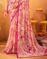 Vishal Prints Peachy Pink Printed Georgette Saree With Satin Piping