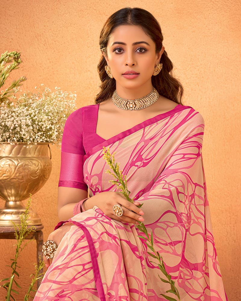 Vishal Prints Peachy Pink Printed Georgette Saree With Satin Piping