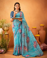 Vishal Prints Aqua Blue Printed Georgette Saree With Satin Piping
