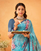 Vishal Prints Aqua Blue Printed Georgette Saree With Satin Piping
