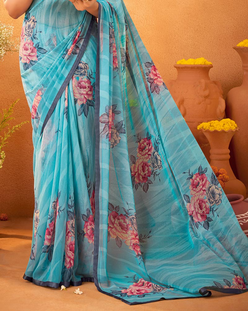 Vishal Prints Aqua Blue Printed Georgette Saree With Satin Piping