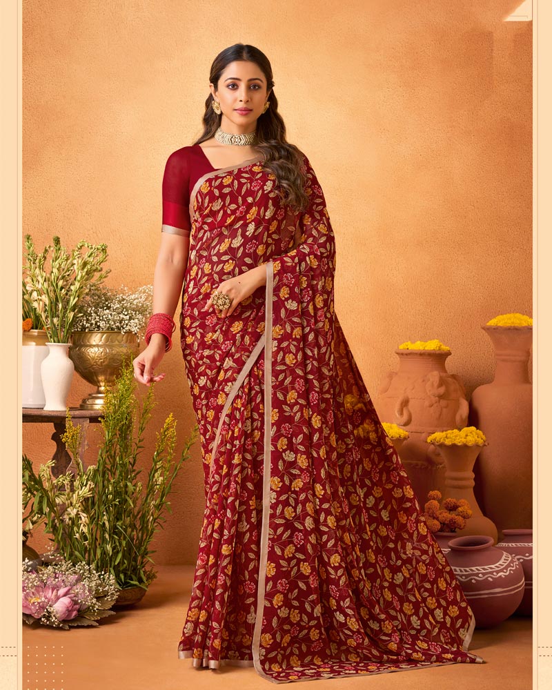 Vishal Prints Rich Maroon Printed Georgette Saree With Satin Piping