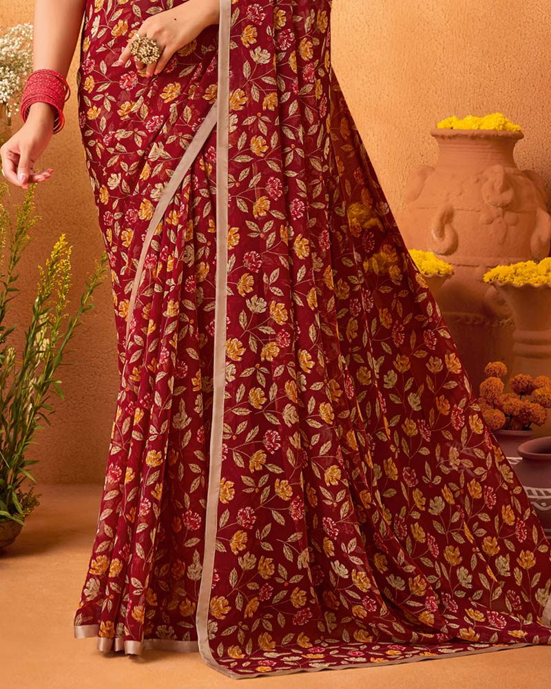 Vishal Prints Rich Maroon Printed Georgette Saree With Satin Piping