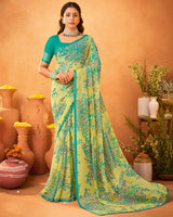 Vishal Prints Light Olive Green Printed Georgette Saree With Satin Piping