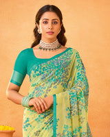 Vishal Prints Light Olive Green Printed Georgette Saree With Satin Piping