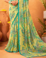 Vishal Prints Light Olive Green Printed Georgette Saree With Satin Piping