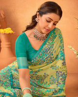 Vishal Prints Light Olive Green Printed Georgette Saree With Satin Piping