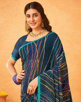 Vishal Prints Dark Navy Blue Printed Georgette Saree With Satin Piping