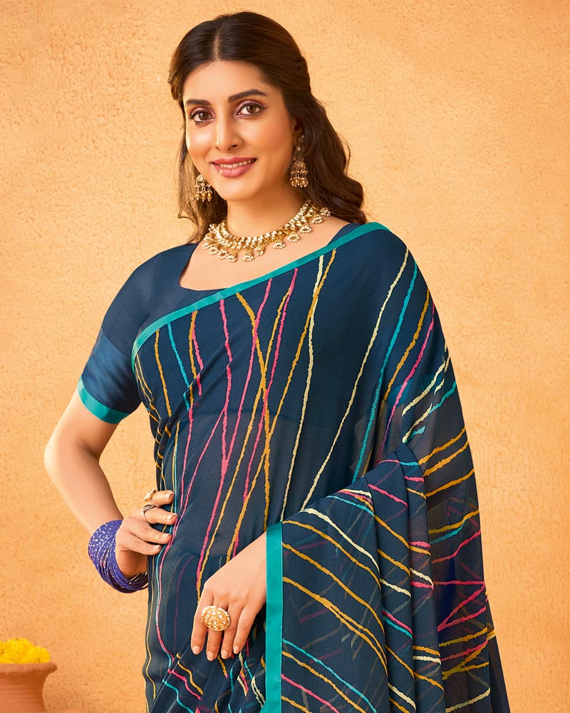 Vishal Prints Dark Navy Blue Printed Georgette Saree With Satin Piping