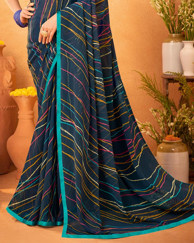 Vishal Prints Dark Navy Blue Printed Georgette Saree With Satin Piping