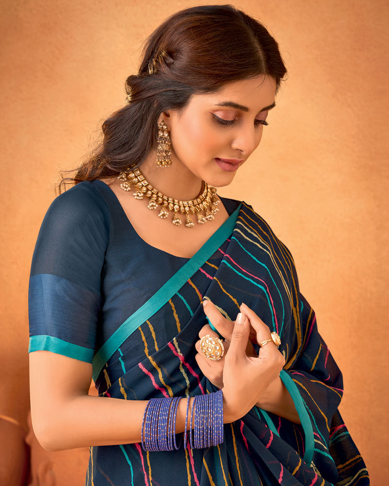 Vishal Prints Dark Navy Blue Printed Georgette Saree With Satin Piping