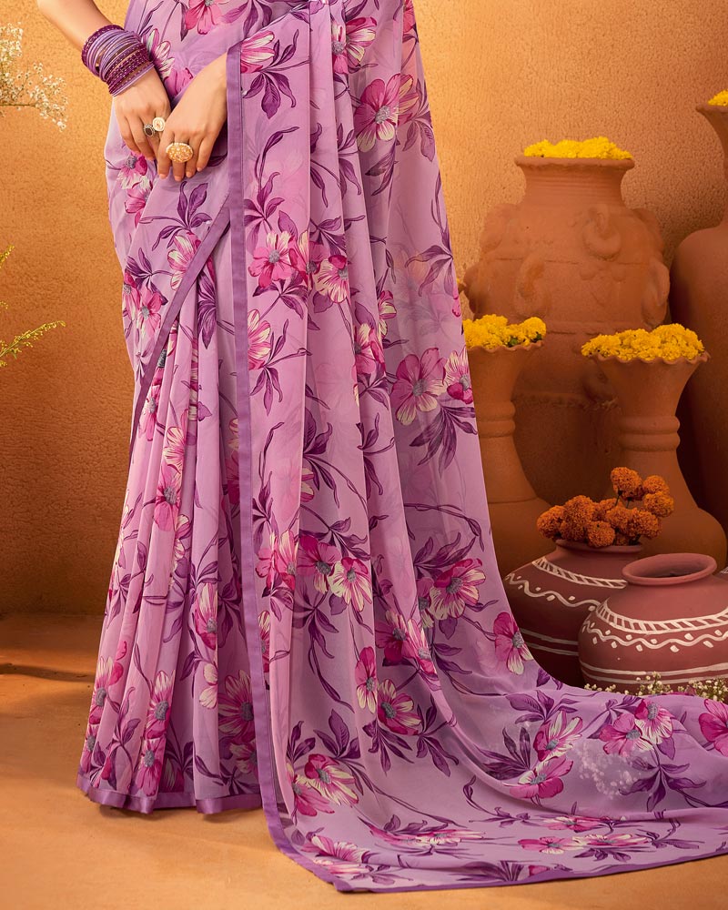 Vishal Prints Dusty Pink Printed Georgette Saree With Satin Piping