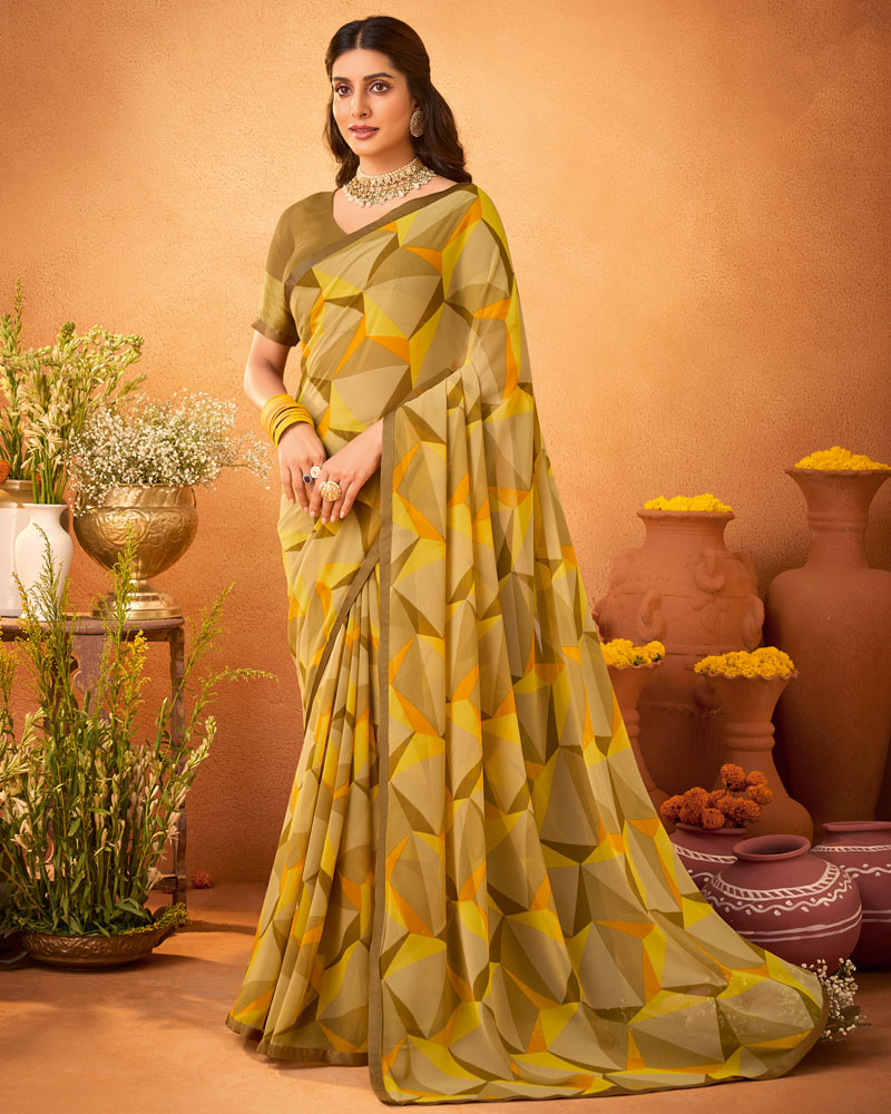 Vishal Prints Sandy Brown Printed Georgette Saree With Satin Piping