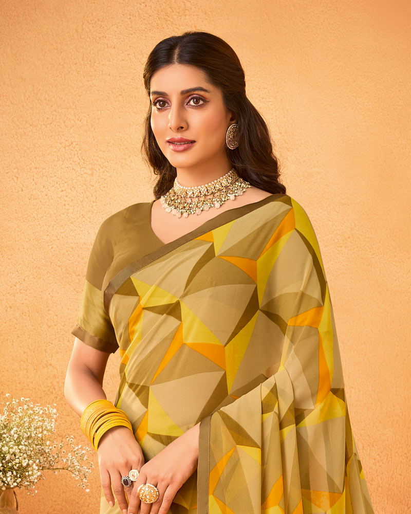 Vishal Prints Sandy Brown Printed Georgette Saree With Satin Piping