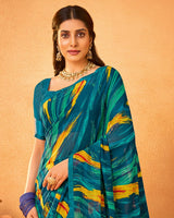 Vishal Prints Regal Blue Printed Georgette Saree With Satin Piping