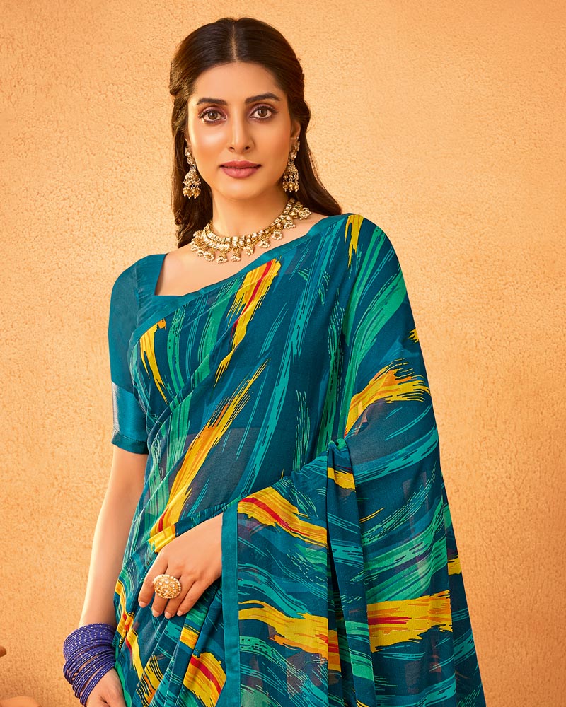 Vishal Prints Regal Blue Printed Georgette Saree With Satin Piping